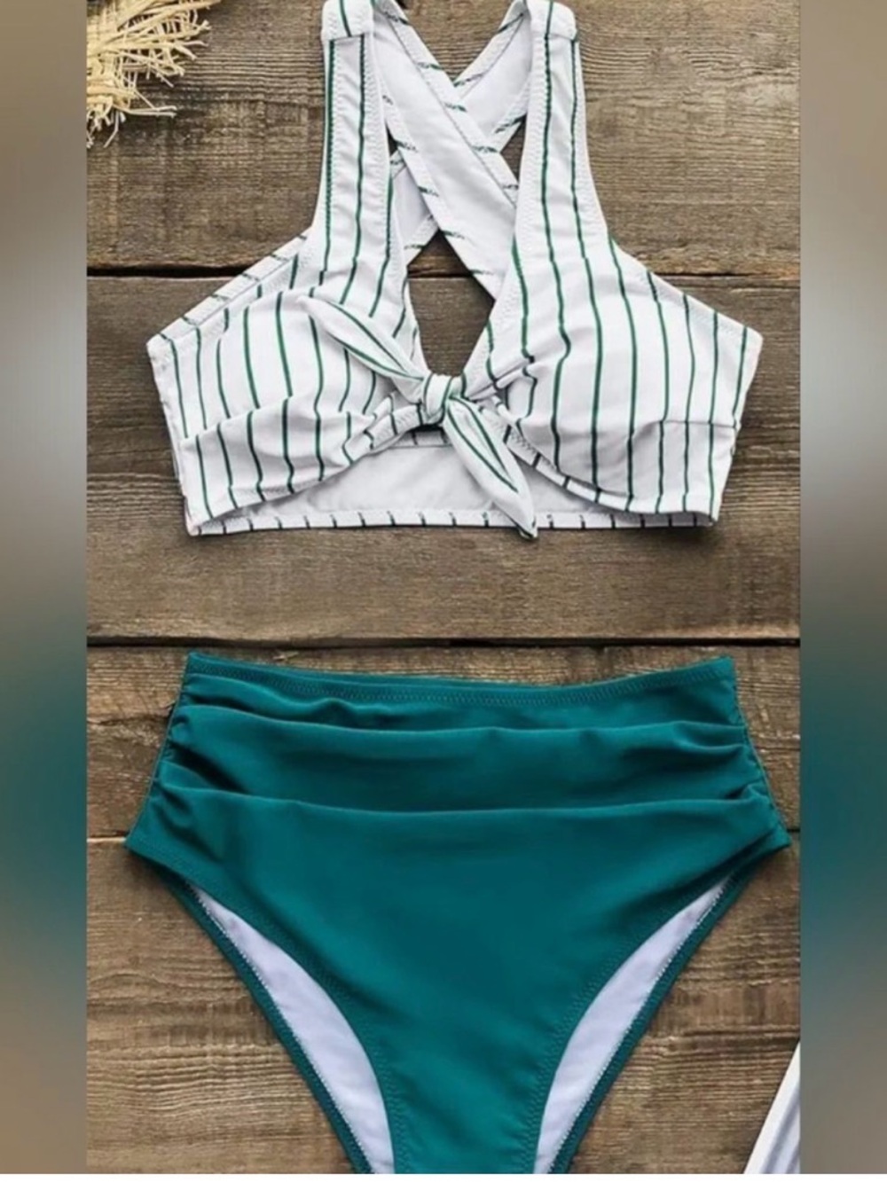 NWT Cupshe Teal Solid and Striped High Waisted Bikini Sz M - Picture 4 of 6